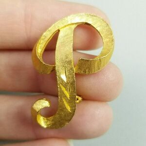 Vintage Mamselle P Letter Monogran Initial Brooch, Gold Tone Letter Lapel Pin